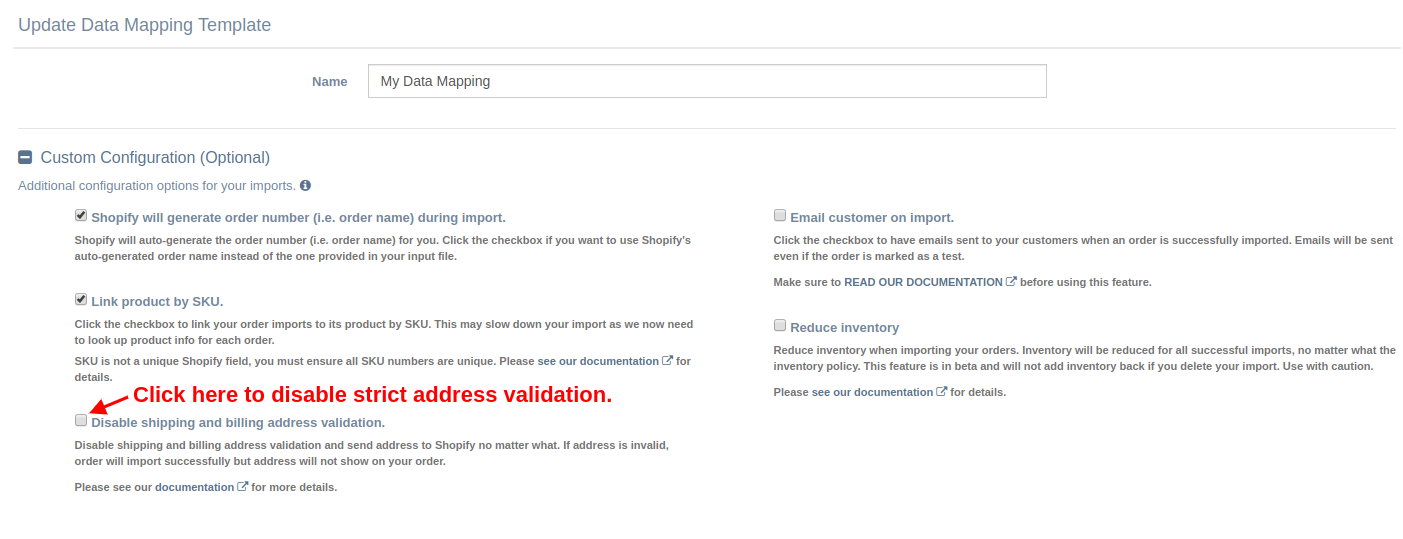 Disable Address Validation on Data Mapping