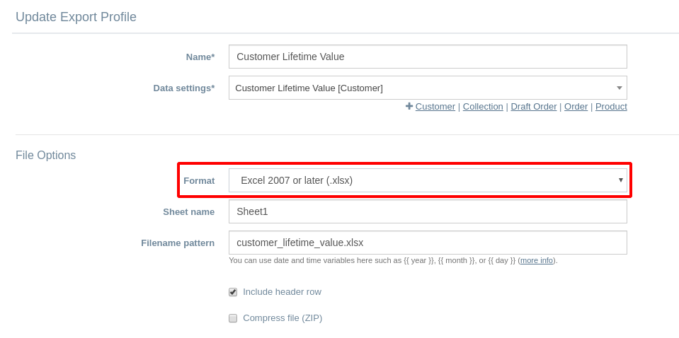 EZ Exporter - Export Profile - File Options - Format - Excel 2007