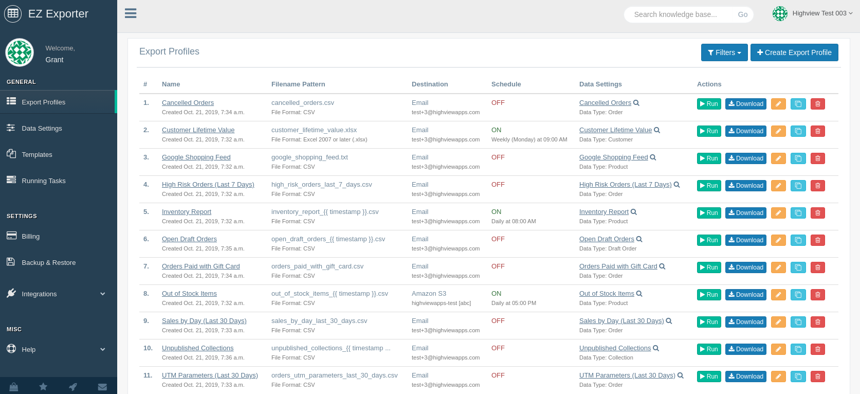 EZ Exporter - Export Profile Listing Page