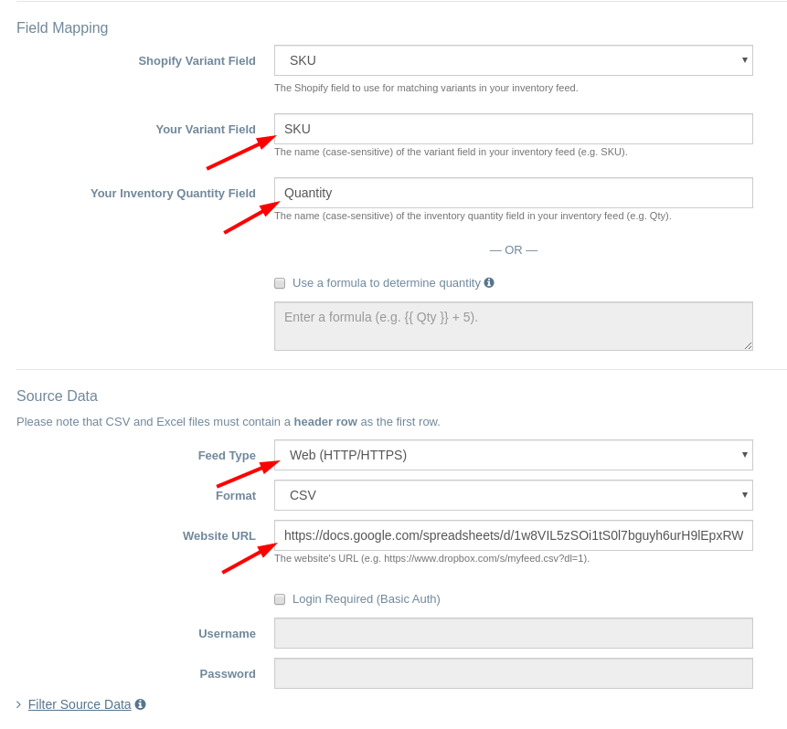 EZ Inventory Data Feed Settings