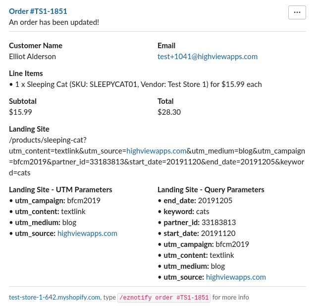 Slack notification message for a Shopify order showing UTM and other query parameters