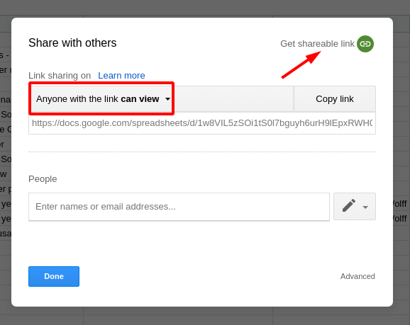 Google Sheets sharing settings