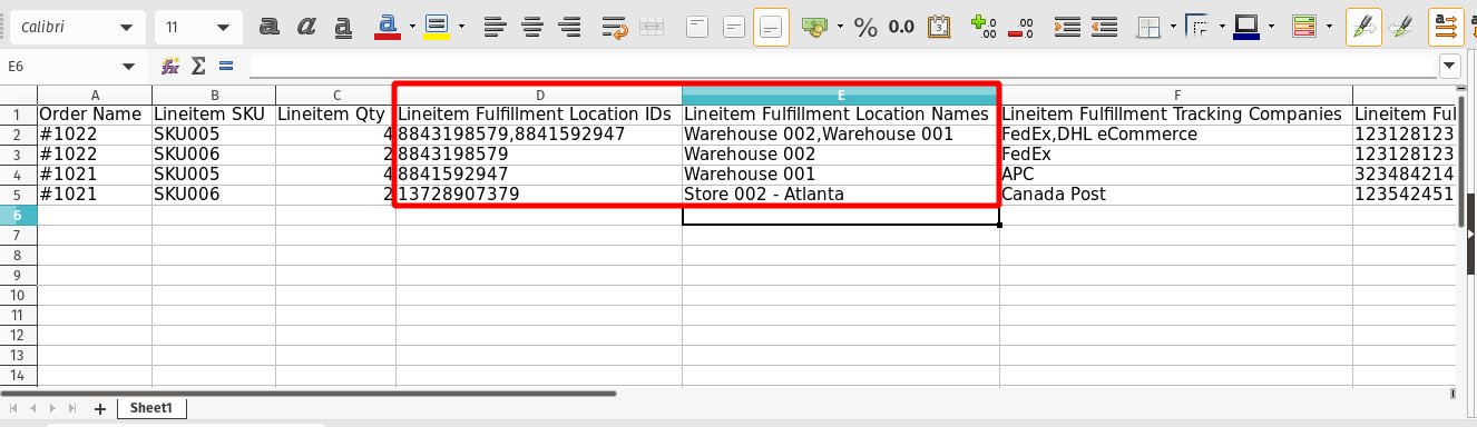 Shopify Order CSV Export - Include Fulfillment Locations at Line Item Level - Sample Output