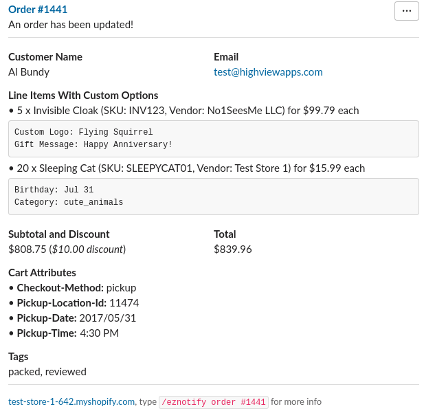 EZ Notify for Shopify - Slack Message with Custom Options and Cart Attributes